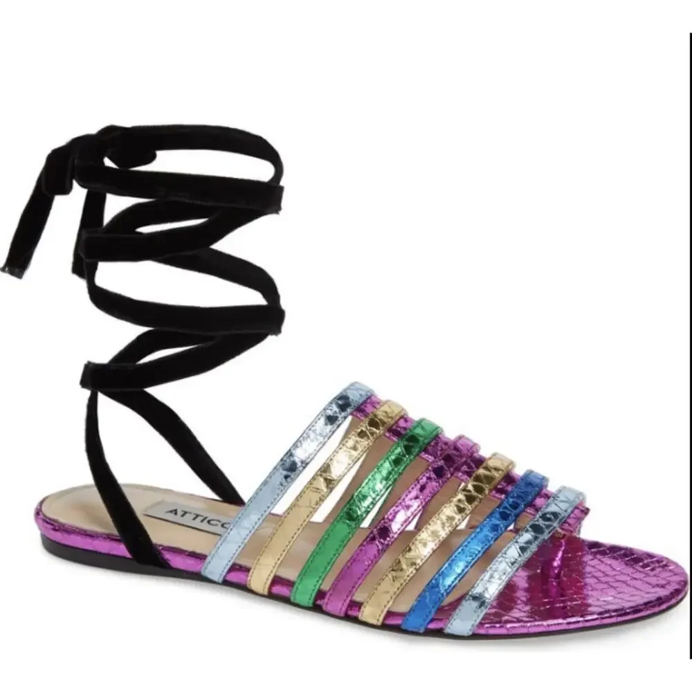 New Attico Rainbow Metallic Strappy Flat Slide on Sandals Size 35
